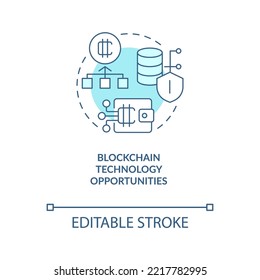 Blockchain technology opportunities turquoise concept icon. Cryptocurrency abstract idea thin line illustration. Isolated outline drawing. Editable stroke. Arial, Myriad Pro-Bold fonts used