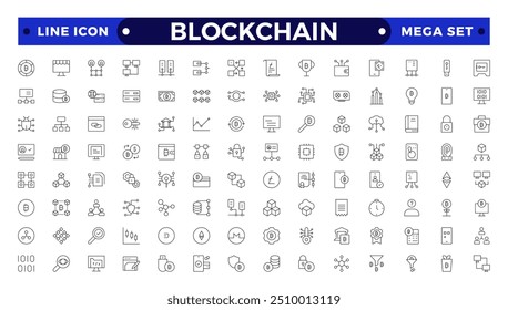 Symbolsatz für Blockchain-Technologie. Cryptocurrency icons-Element. Mit Blockchain, Knoten, Verteilung, dezentralisiertem Finanzwesen, Verschlüsselung, Token, White Paper und Wallet Icon Collection.
