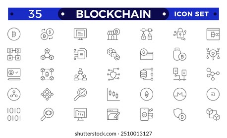 Conjunto de iconos de esquema de tecnología blockchain. Elemento de iconos de criptomonedas. Contiene blockchain, nodo, distribución, finanzas descentralizadas, cifrado, tokens, white paper y colección de íconos de billetera.

