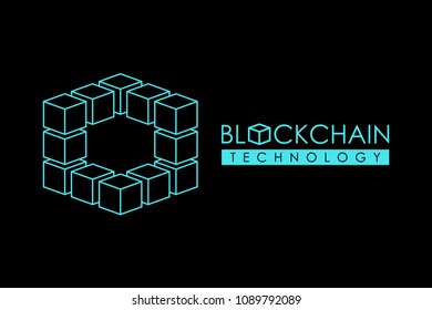 Blockchain Technology Outline Logotype Concept. Block Chain Data Protection Brand Isometric Design. Vector Illustration.