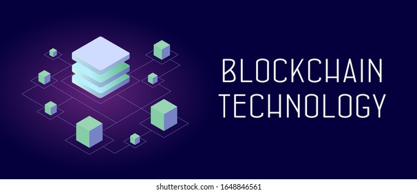 Blockchain technology - P2P distributed ledger technology (DLT), smart block chain decentralized secure storage. Abstract isometric blocks connected to each other by one line. Header and footer banner