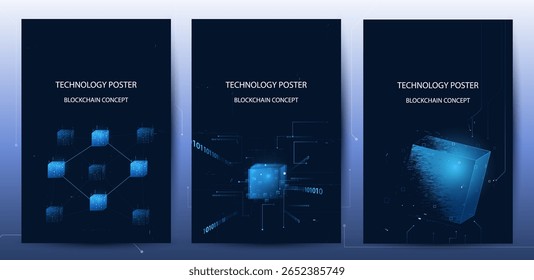 Conjunto de pôsteres da tecnologia Blockchain. Rede de conexão de dados de compartilhamento digital com conceito de criptomoeda