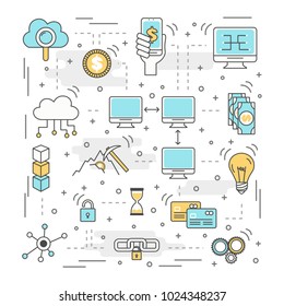 Blockchain technology process vector illustration. Thin line flat style design elements, symbols, icons for web banners and printed materials.