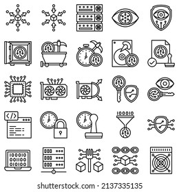 Blockchain technology related line icon set, vector illustration