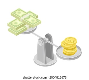 Blockchain Technology with Scales Weighing Bitcoin Gold Coin and Dollar Banknote Isometric Vector Illustration