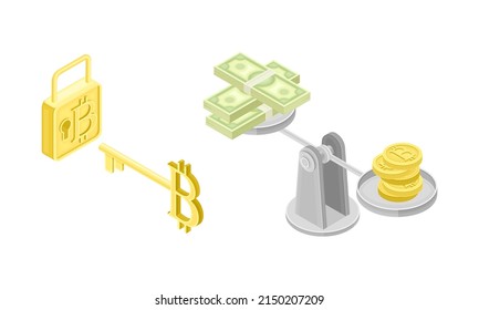 Blockchain-Technologie mit Skalengewichten von Bitcoin-Goldmünzen und -Dollar-Banknoten und Sperren mit einem wichtigen, ironischen Vektorset