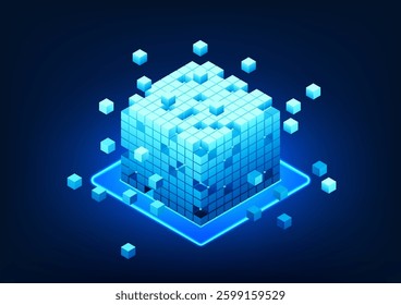 Blockchain technology, a series of separate square boxes that represent the technology of storing data in a network through computer encryption. The recorded data will be transmitted on the network.