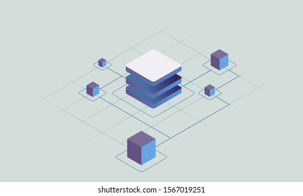 Blockchain technology, smart chain decentralized secure storage vector concept illustration. DApp sharding for block chain scalability. Abstract isometric blocks connected to each other by one line.