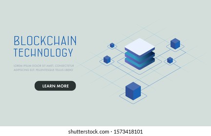 Blockchain technology, smart chain decentralized secure storage vector web template or landing page concept illustration. Abstract isometric blocks connected to each other by one line. DApp sharding