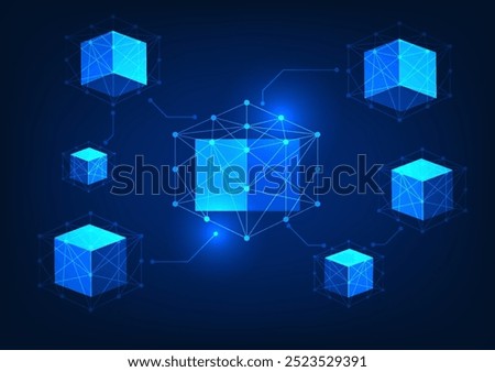 Blockchain technology, square blockchain boxes connected by lines and circuit lines, representing secure data structure and reliable transactions.