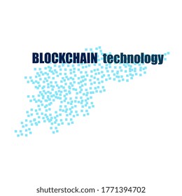 Blockchain technology text with flying blocks isolated on white. Blue blocks and a dark inscription. Website Design Element. Vector EPS 10.