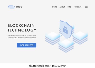 Blockchain technology UI\UX web template concept for business, finance currency landing page or banners, sliders. Isometric digital blocks or cubes with secure icon vector illustration.