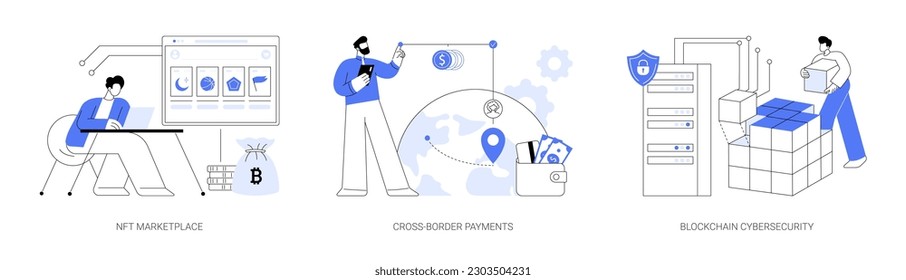 Blockchain technology use abstract concept vector illustration set. Choosing non-fungible tokens on NFT marketplace, making cross-border payments, blockchain cybersecurity abstract metaphor.