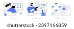 Blockchain technology use isolated cartoon vector illustrations set. Choosing non-fungible tokens on NFT marketplace, making cross-border payments, blockchain cybersecurity vector cartoon.