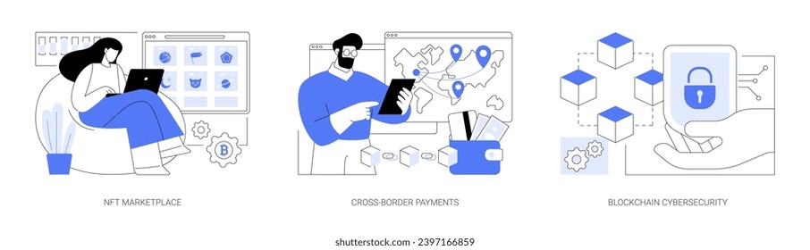 La tecnología Blockchain utiliza ilustraciones de vector de dibujos aislados. Elegir tokens no fungibles en el mercado de NFT, realizar pagos transfronterizos, dibujos animados de los vectores de seguridad cibernética de blockchain.