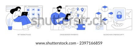 Blockchain technology use isolated cartoon vector illustrations set. Choosing non-fungible tokens on NFT marketplace, making cross-border payments, blockchain cybersecurity vector cartoon.