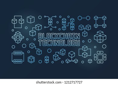 Blockchain technology vector blue horizontal banner or illustration in outline style on dark background