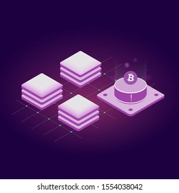 Blockchain technology vector icon in modern dark neon colors design, cryptocurrency mining farm concept or secure storage vector concept for slider, landing with isometric blocks chain illustration