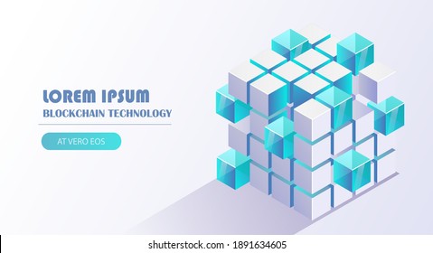 Blockchain technology vector illustration with cube block link to chain background, financial technology, cloud computing, distribution, mining pool concept.
