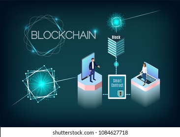 Blockchain technology vector illustration with isometric people, laptop and tablet. Process of digital secure transaction by using smart contract.