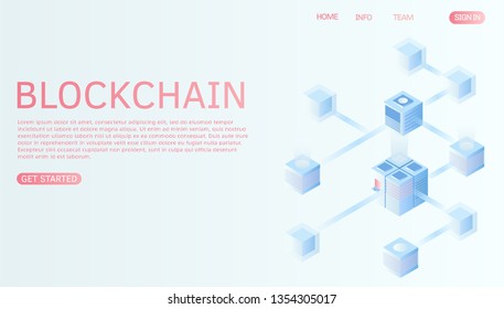 Blockchain technology vector illustration. Vector isometric drawind with blockchains. Landing page template