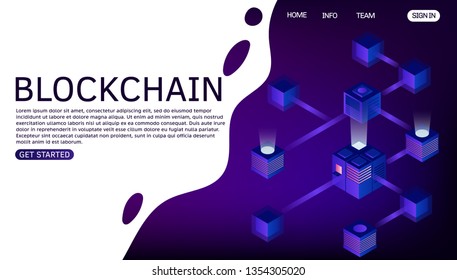 Blockchain technology vector illustration. Vector isometric drawind with blockchains. Landing page template