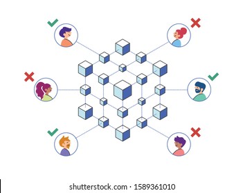 Blockchain technology vector illustration with miners do not confirm permission to change data on blockchain system. Security. Reliable deal. People.