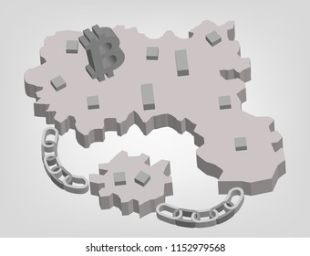 Blockchain Technology Vector on the world map 3d area with the bitcoin.