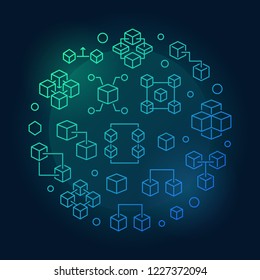 Blockchain technology vector round blue concept illustration in outline style on dark background