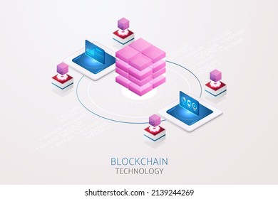 Blockchain technology via computer system,  digital currency concept landing page template. isometric vector illustration.