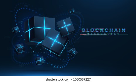 Blockchain technology visualization. 3d vector cubes , blocks with neon parts compose futuristic technology illustration. Moving meridian consist of glowing particles. decentralization concept .