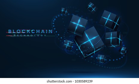 Blockchain technology visualization. 3d vector cubes , blocks with neon parts compose futuristic technology illustration. Moving meridian consist of glowing particles. decentralization concept .