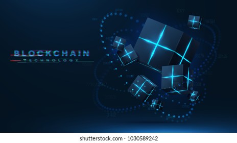 Blockchain technology visualization. 3d vector cubes , blocks with neon parts compose futuristic technology illustration. Moving meridian consist of glowing particles. decentralization concept .