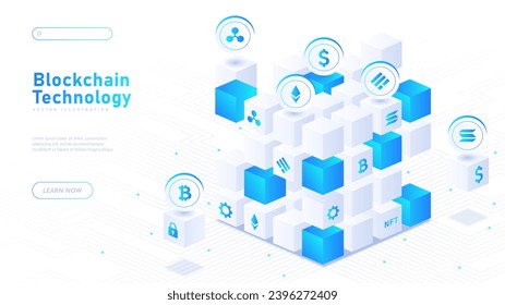 Blockchain technology white poster. Cryprocurrency, bitcoin and litecoin. Economy, trading and investing. Financial literacy. Cartoon isometric vector illustration isolated on white background