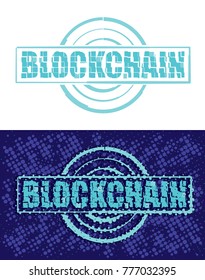 Blockchain text emblem on white background with mosaic effect and variation with dark blue textured background. Vector illustration