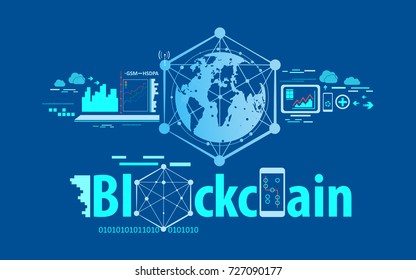 Blockchain Text And Network Concept Finance With Connected Globe, Vector Illustration