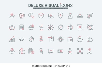 Blockchain thin black and red line icons set vector illustration. Outline symbols of cryptocurrency infrastructure and cryptography, wallet for virtual money and market to exchange and trade bitcoin