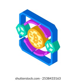 Blockchain Transacción Minería de criptomonedas Icono isométrico Vector. Blockchain Transacción Señal de minería de criptomonedas. Ilustración de símbolo aislado