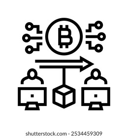 Vector de icono de línea de minería de criptomonedas de transacción de blockchain. signo de minería de criptomonedas de transacción de blockchain. Ilustración negra de símbolo de contorno aislado