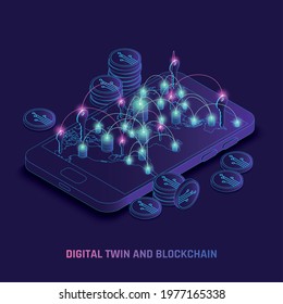 Blockchain utilizing using digital twins dynamic technology identity traces transactions tracking on smartphone screen isometric vector illustration