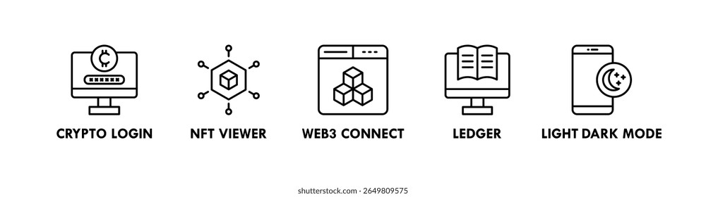 Blockchain UX banner web ícone vetor ilustração conceito com um ícone de logon de criptografia, visualizador nft, web3 connect, razão e modo escuro claro