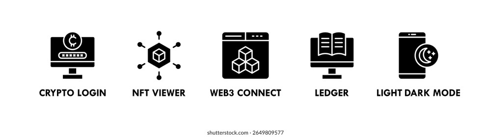 Blockchain UX banner web ícone vetor ilustração conceito com um ícone de logon de criptografia, visualizador nft, web3 connect, razão e modo escuro claro