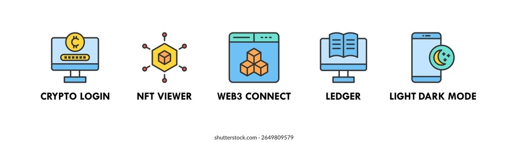 Blockchain UX banner web ícone vetor ilustração conceito com um ícone de logon de criptografia, visualizador nft, web3 connect, razão e modo escuro claro
