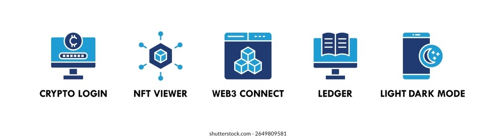Blockchain UX banner web ícone vetor ilustração conceito com um ícone de logon de criptografia, visualizador nft, web3 connect, razão e modo escuro claro