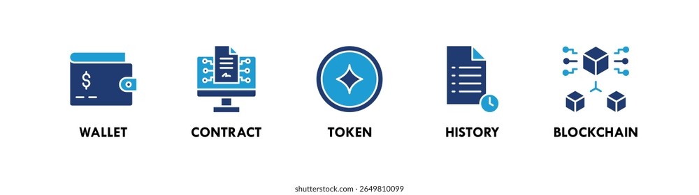Blockchain UX banner web ícone vetor ilustração conceito com um ícone de carteira, contrato, token, histórico e blockchain