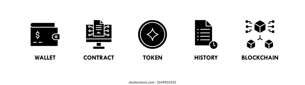Blockchain UX banner web ícone vetor ilustração conceito com um ícone de carteira, contrato, token, histórico e blockchain