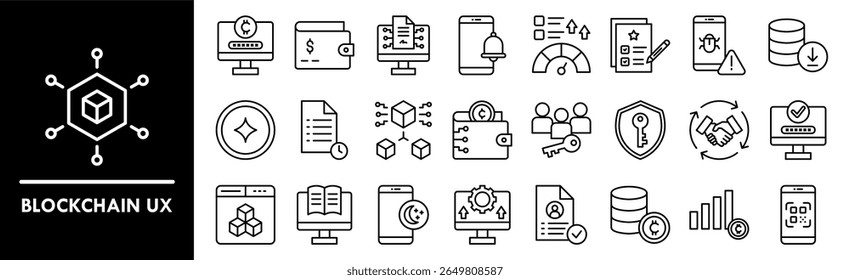 Conjunto de coleta de ícones UX de cadeia de blocos. Contendo design blockchain, tecnologia, ux, digital, dados