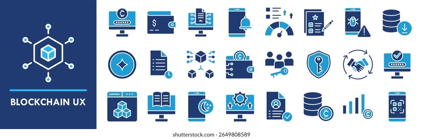 Conjunto de coleta de ícones UX de cadeia de blocos. Contendo design blockchain, tecnologia, ux, digital, dados
