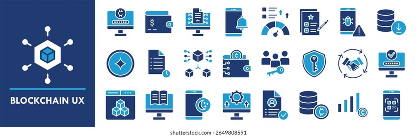 Conjunto de coleta de ícones UX de cadeia de blocos. Contendo design blockchain, tecnologia, ux, digital, dados