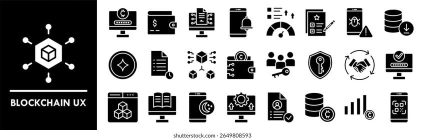 Conjunto de coleta de ícones UX de cadeia de blocos. Contendo design blockchain, tecnologia, ux, digital, dados